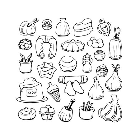 A monochrome drawing features an assortment of culinary delights including cakes, desserts, and baked goods. The handmade graphic illustrations display a collection of ingredients and food items inのイラスト素材