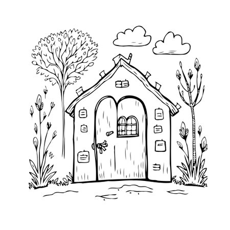 A captivating monochrome image showcases a hand-drawn dwelling, evoking a sense of tranquility and storybook charm. This whimsical sketch invites viewers into a world of imaginative simplicity, withのイラスト素材