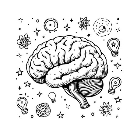 A creative drawing of a brain surrounded by symbols of imagination and ideas. This artwork represents intelligence, problem-solving, knowledge, and cognitive processes. It also shows the beauty ofのイラスト素材