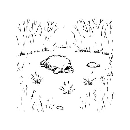 A simple monochrome illustration depicts an echidna resting peacefully in a grassy area. The surrounding trees and minimal details create a quiet scene, highlighting the echidna's natural habitatのイラスト素材