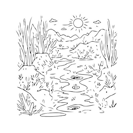 Black and white drawing showcasing a mountain river scenery on a sunny day, the meandering river flows through a natural environment, with various vegetation and the mountains on the horizon createのイラスト素材