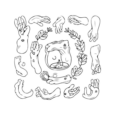 A surreal and whimsical illustration featuring a collection of hand sketches scattered around a botanical wreath. At the center lies an unusual shape, evoking a meditative or spiritual element,のイラスト素材