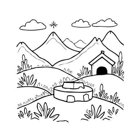 A monochrome drawing presents a simple mountain landscape with a small village house. The artwork emphasizes contours, suggesting a tranquil and scenic outdoors setting. The illustration capturesのイラスト素材