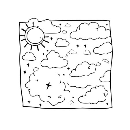 A hand-drawn illustration showcasing a serene cloudscape, featuring a smiling sun, fluffy clouds, and twinkling stars all contained within a simple, clean frame. This monochrome artwork evokes aのイラスト素材