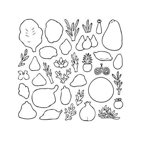 A collection of hand-drawn botanical elements are arranged harmoniously in a square format showcasing delicate line art and minimalist aesthetic with diverse plant illustrations perfect for a freshのイラスト素材