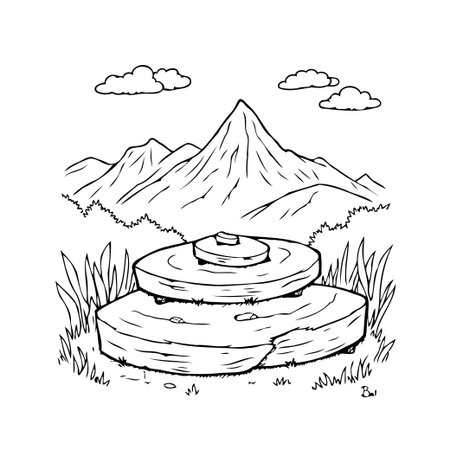 A captivating sketch features a stone mill in the foreground, complemented by a majestic mountain range. Overhead, scattered clouds drift across the sky, enhancing the tranquil and timelessのイラスト素材