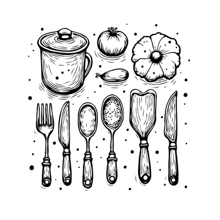 An artistic, hand drawn illustration showcases a variety of kitchen utensils and food ingredients. This design incorporates elements of cooking, culinary preparation, and vintage style art withのイラスト素材