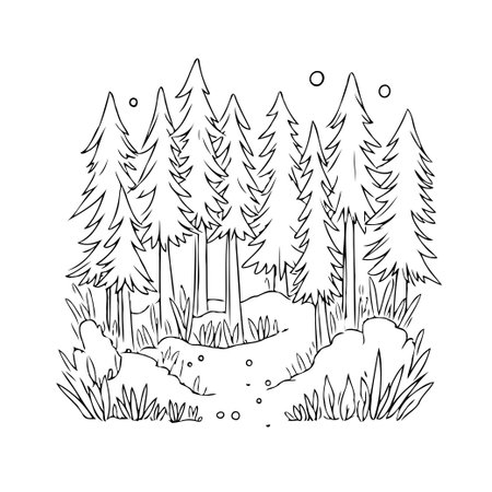 A simple and elegant line art illustration shows a coniferous forest. The black outlines against a white background create a calm and scenic view. Depicts a serene landscape scene of natureのイラスト素材