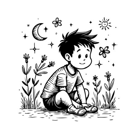 A charming black and white illustration features a cheerful boy nestled amongst whimsical flora under a playful sky featuring a crescent moon, stars, and sun. This evokes a sense of innocence,のイラスト素材