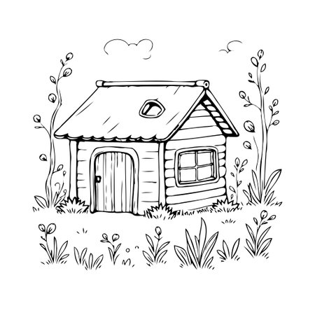 A hand-drawn illustration shows a simple cottage with a peaked roof and wooden planks, nestled among sketched grass and leafy foliage. The image is perfect for adding a rustic touch to creativeのイラスト素材
