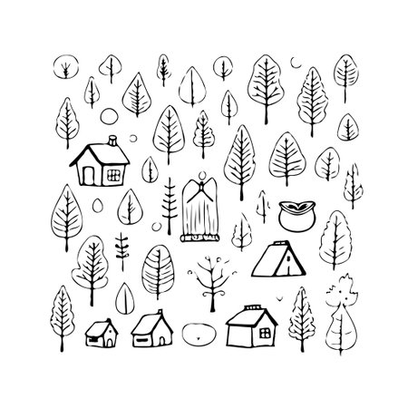 A delightful hand-drawn illustration depicts a serene landscape dotted with charming houses nestled among a variety of stylized trees. The black and white artwork evokes a sense of whimsy andのイラスト素材