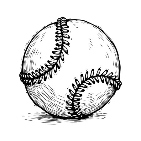 A meticulously crafted ink drawing of a baseball, capturing its form and texture with detailed line work. The illustration evokes a sense of nostalgia and craftsmanship, highlighting the iconicのイラスト素材