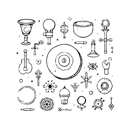Explore this captivating image showcasing a collection of meticulously crafted mystical and esoteric symbols. This monochromatic artwork blends fantasy with antique elements, offering a unique andのイラスト素材