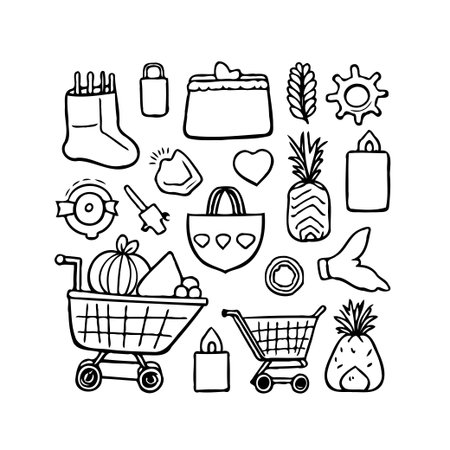 A hand-drawn doodle assortment displays everyday objects such as shopping carts filled with produce a handbag and pineapples alongside candles and whimsical elements create a lighthearted andのイラスト素材