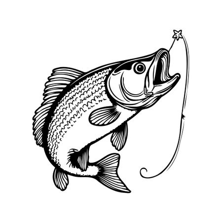 A detailed monochrome vector illustration presents a fish caught mid-leap on a fishing hook and line, the graphic design evokes the thrill of angling and the beauty of aquatic wildlife, its suitableのイラスト素材