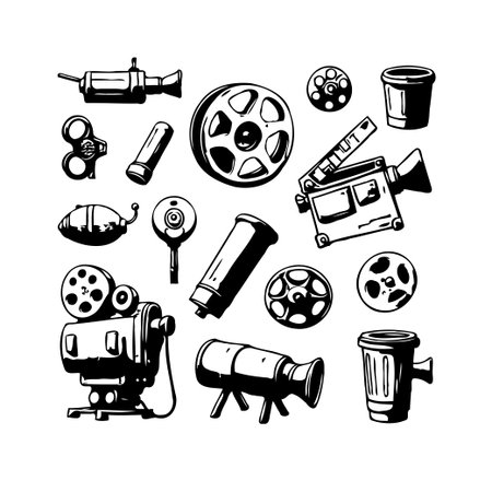An illustrative compilation of classic filmmaking tools, representing the evolution of cinema. The black and white depiction evokes a sense of nostalgia, paying tribute to the craft's rich heritageのイラスト素材