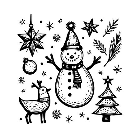 A hand-drawn festive illustration featuring a snowman, reindeer, Christmas tree, star, and snowflakes. This cheerful drawing encapsulates the holiday spirit, ideal for seasonal greetings andのイラスト素材