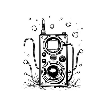 A fantastical illustration features a retro-styled device with an antenna, prominent speaker, and winding cables. This whimsical drawing blends vintage elements with imaginative design, resulting inのイラスト素材