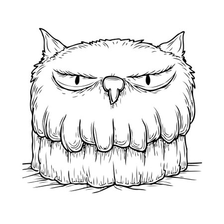 A quirky monochrome illustration showcases a stylized grumpy creature adorned with angular features and a textured cloak. This whimsical design blends cuteness with a hint of the bizarre, perfectのイラスト素材