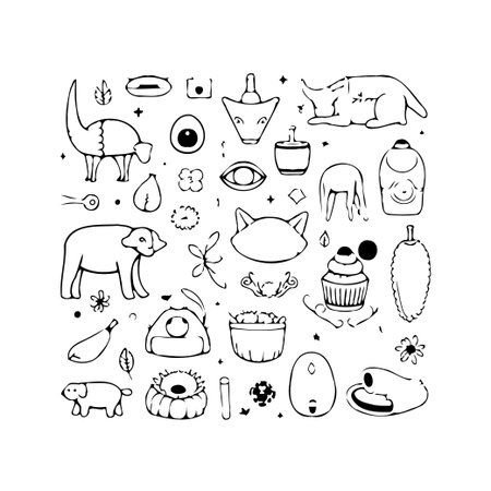 A delightful monochrome drawing presents a playful assortment of whimsical doodles. The composition features a quirky menagerie of animals and various objects, all rendered in a bold outline style,のイラスト素材