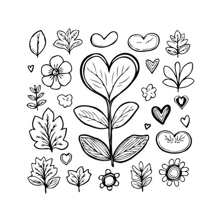 A collection of hand-drawn botanical elements featuring leaves, flowers, and heart shapes. This artwork showcases a minimalist design with a focus on nature-inspired motifs, perfect for creatingのイラスト素材