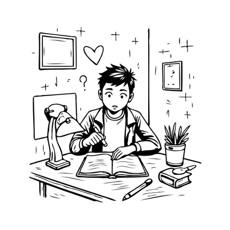 Detailed monochrome illustration of a young student deeply absorbed in studying. He sits at a desk illuminated by a lamp, surrounded by books and educational materials, his expression reflecting aのイラスト素材