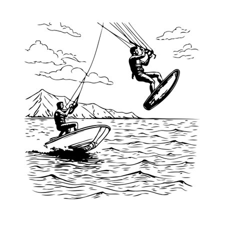 This captivating image showcases the adrenaline-pumping sport of kitesurfing. Watch as skilled riders harness the power of the wind to glide across the water and soar through the air, creating aのイラスト素材