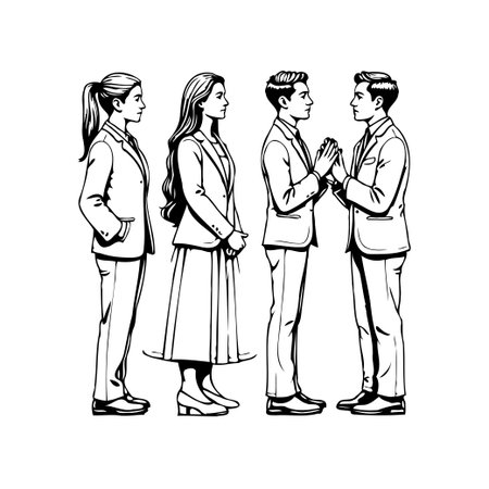 A black and white illustration shows two women and two men in professional attire standing facing each other, suggestive of collaborative effort and business communications. The minimalist designのイラスト素材