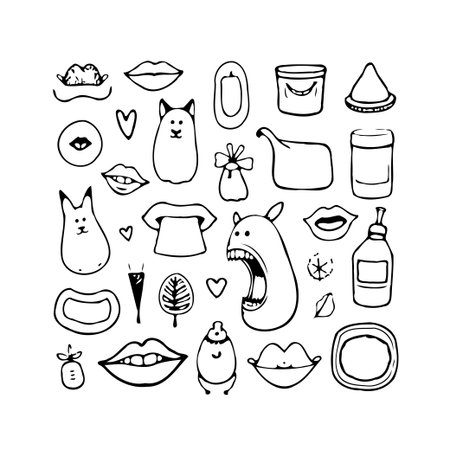 A collection of whimsical, hand-drawn doodles featuring everyday objects and abstract shapes. These quirky illustrations offer a playful and artistic touch, perfect for adding a unique designのイラスト素材