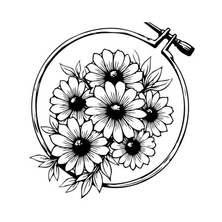 A graceful depiction of a floral embroidery design featuring a cluster of daisies within an embroidery hoop. The monochrome line art style captures the beauty of botanical elements, offering a touchのイラスト素材