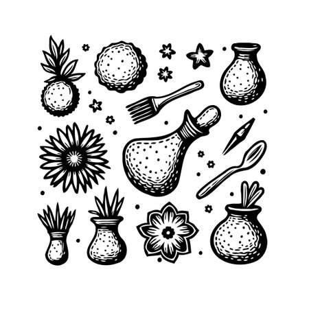 This hand-drawn illustration features an array of mystical kitchen elements depicted in a charming vintage botanical style. Showcasing organic shapes and intricate linework, this artful compositionのイラスト素材