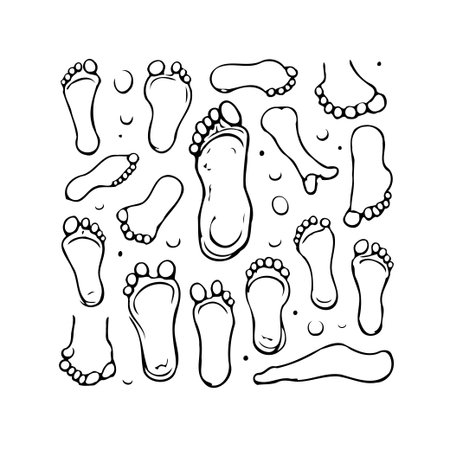A collection of artistic barefoot footprints and foot illustrations creates a simple graphic composition. This artwork highlights the unique contours of human feet in a minimalist style. Itのイラスト素材