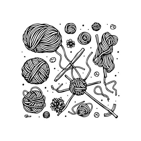 A captivating illustration showcasing various yarn arrangements, creating an artful tangle of textures. The monochromatic design emphasizes the intricate patterns and invites viewers into the worldのイラスト素材