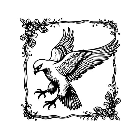 This monochrome artwork presents a hawk in mid-flight, set within an ornate floral frame. The piece evokes a sense of vintage design with its detailed lines and decorative elements. It balances theのイラスト素材