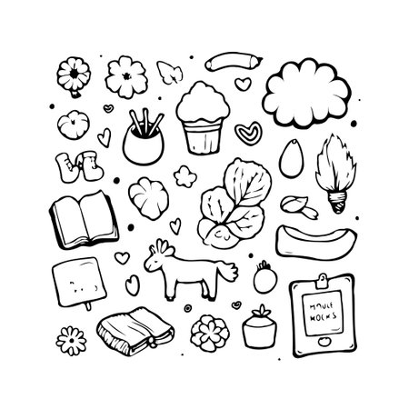 This whimsical hand-drawn doodle showcases a playful assortment of elements, perfect for adding a touch of childlike wonder to any project. Its unique artistry and diverse shapes create a charming,のイラスト素材