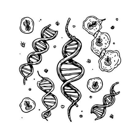 Striking hand-drawn illustration depicting various formations of the DNA helix alongside depictions of cellular structures in monochrome. This scientific visualization highlights elements ofのイラスト素材