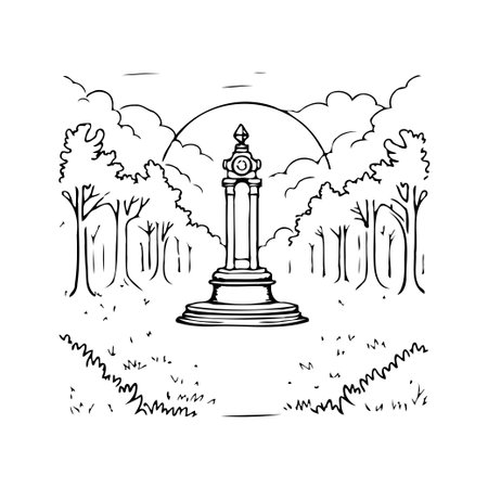 An artistic sketch portrays a monument standing prominently in a park. The scene is set against a backdrop of trees, sky, and clouds, creating a serene and tranquil atmosphere, captured withのイラスト素材