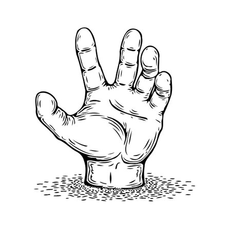 Detailed hand illustration displaying three fingers up symbolizing peace and positivity, rendered with artistic line work and hatching style. The image captures a gesture of human connection in aのイラスト素材