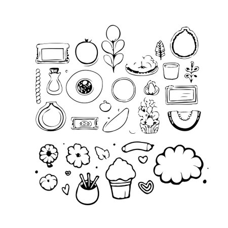 A hand-drawn style illustration features an assortment of everyday objects arranged in a playful manner. The composition includes food items, decorative elements, and kitchen tools, rendered withのイラスト素材