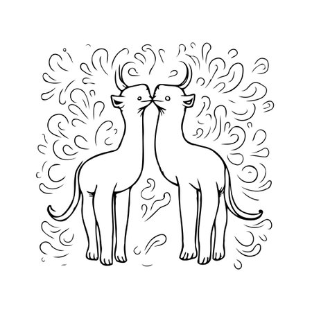 Delicate and whimsical illustration depicting two stylized creatures in a loving embrace. The artwork features a minimalist aesthetic with intricate swirls and lines creating an ethereal backdrop.のイラスト素材