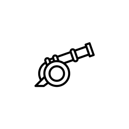 A minimalist line drawing depicts a vintage cannon, symbolizing historical warfare and defense. The isolated illustration features a classic artillery piece, highlighting its role in naval power andのイラスト素材