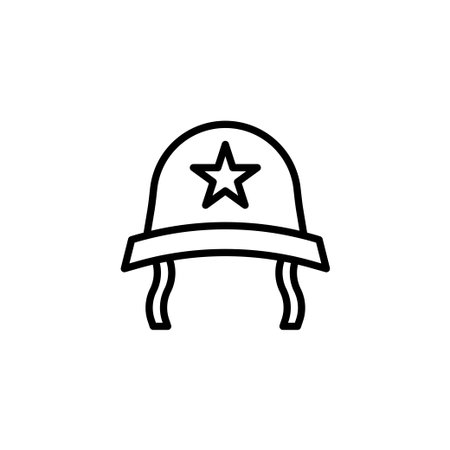 A simplified line drawing portrays a military helmet adorned with a prominent star emblem, suggesting themes of service, protection, and military readiness. The clean and bold vector artのイラスト素材