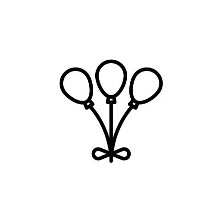 A minimalist linear drawing depicts a cheerful bunch of balloons tied together with a charming ribbon. This whimsical graphic element represents festive celebrations, joyous occasions, andのイラスト素材