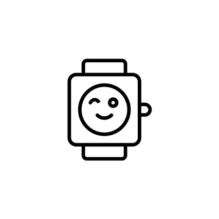 A simple and modern icon of a smartwatch featuring a winking smiley face on its screen. This design represents digital communication, wearable tech, and friendly interaction, rendered with a cleanのイラスト素材