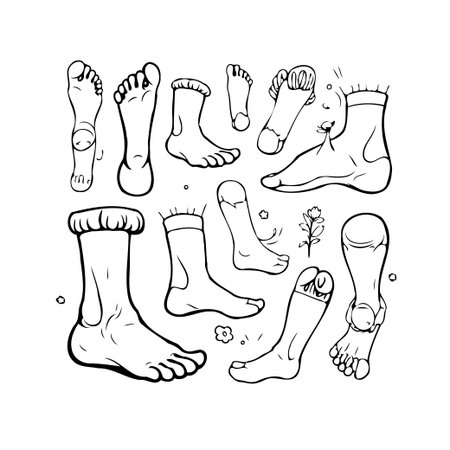Explore a whimsical collection of hand-drawn feet and sock illustrations. Showcasing various angles, perspectives, and sock pairings, these quirky anatomical doodles offer a creative exploration ofのイラスト素材
