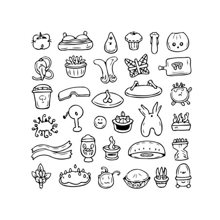 A playful gathering of hand-drawn food illustrations forms a lively composition, blending cuteness and humor. These whimsical doodles add a touch of character to any project, perfect for bringing aのイラスト素材