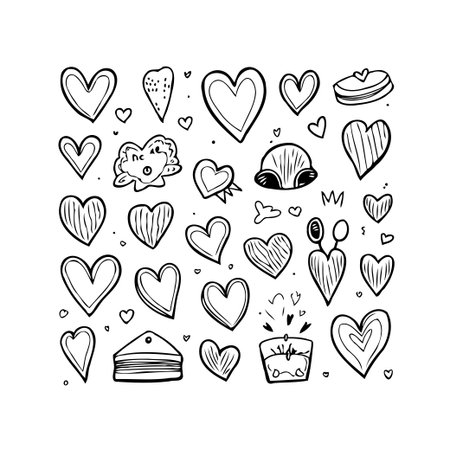 Black and white heart doodles showcase themes of romance, love, and affection. Expressive handmade elements make an artistic valentine's day pattern, suitable for graphic design, card decorations,のイラスト素材