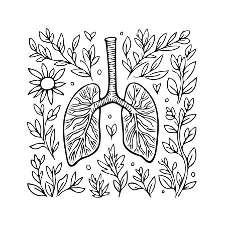 Intricate line art depicting human lungs, framed by blossoming floral elements. This composition symbolizes the intrinsic link between respiratory health and environmental vitality, advocating forのイラスト素材