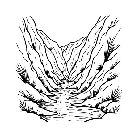 A monochrome illustration captures a secluded mountain valley. A stream flows through steep slopes, surrounded by sparse vegetation. The detailed linework emphasizes the natural textures of theのイラスト素材