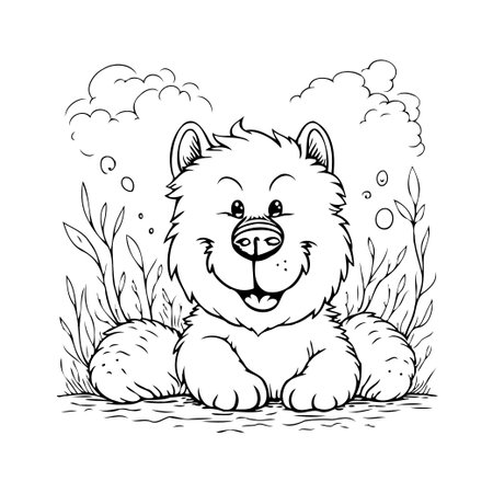 A cheerful bear cub rests, depicted in a charming black and white illustration style ready to be colored. Surrounded by gentle grass and fluffy cloud drawings, the image evokes a sense of peacefulのイラスト素材